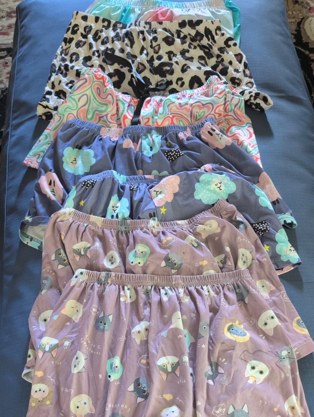 Women's Stretch Waist Printed Shorts 7 Pack - Pastel Clouds, Cats & Leopard